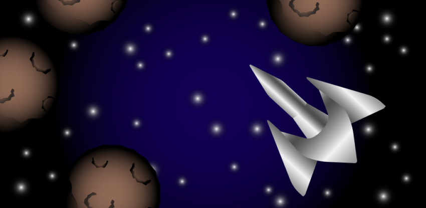 Game image of a silver spaceship flying through space dodging brown asteroids.