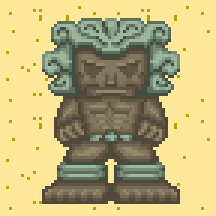 A large golem statue creature in the style of a mesoamerican warrior, awakening, walking towards the camera, punching once, and going back to sleep, on loop.