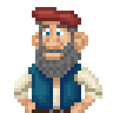 A pixel art animation of a joyful, grey bearded sailor wearing a red cap and laughing.