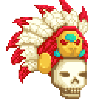 A pixel art Aztec Skull wearing a white and red feathered headdress with a gold jaguar emblem. 